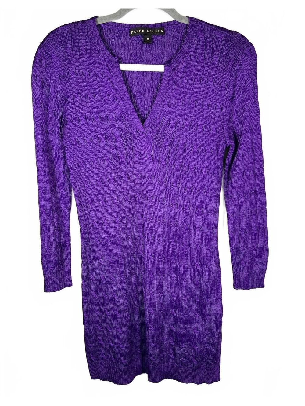 Ralph Lauren Black Label Silk Purple Knit Mini Dress V-Neck Sweater Tunic M - Picture 2 of 8